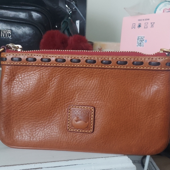 Dooney & Bourke Handbags - Dooney & Bourke Brown Leather Crossbody Wristlet with Red Trim